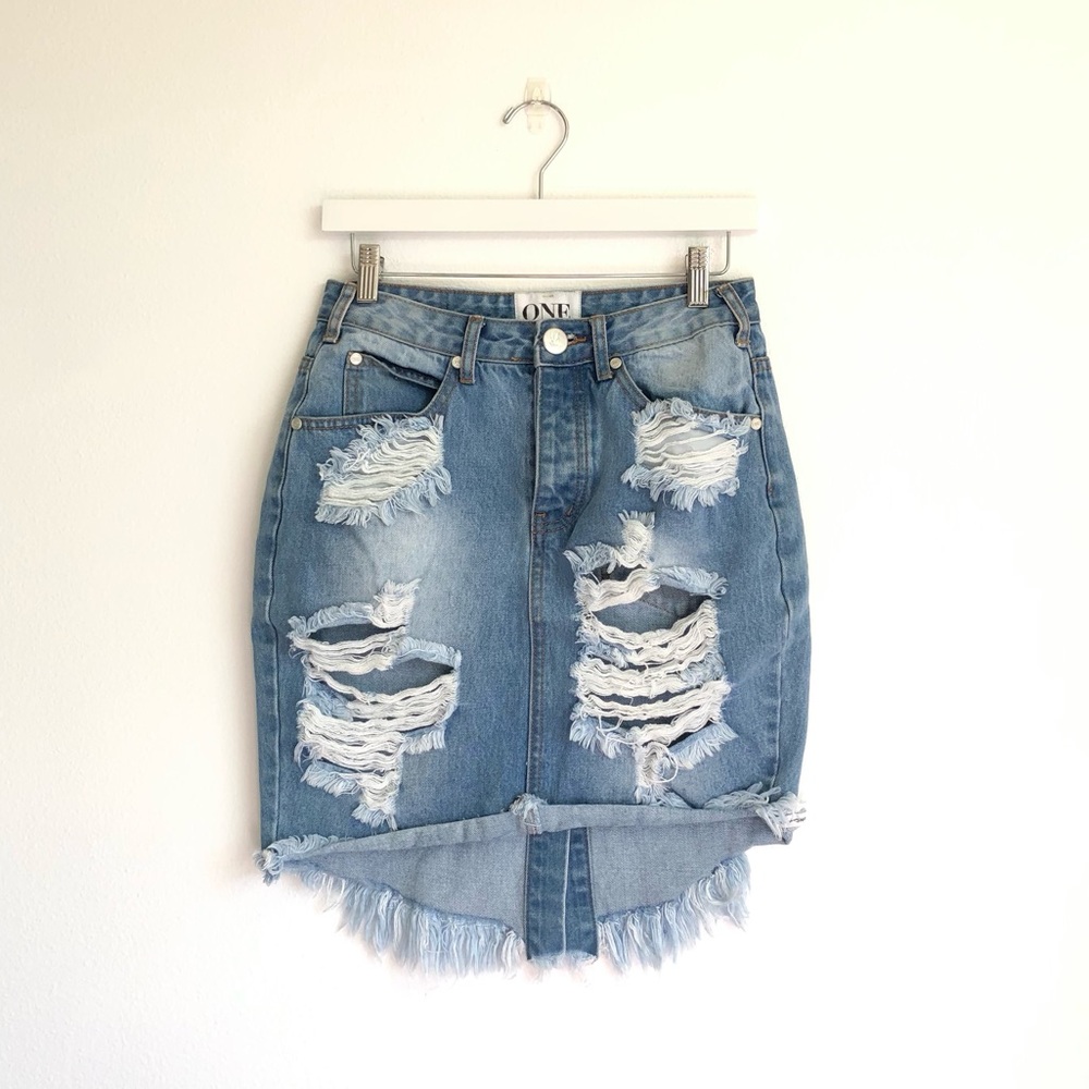One Teaspoon Distressed High Waist Light Wash Denim Jean Skirt Size 28
